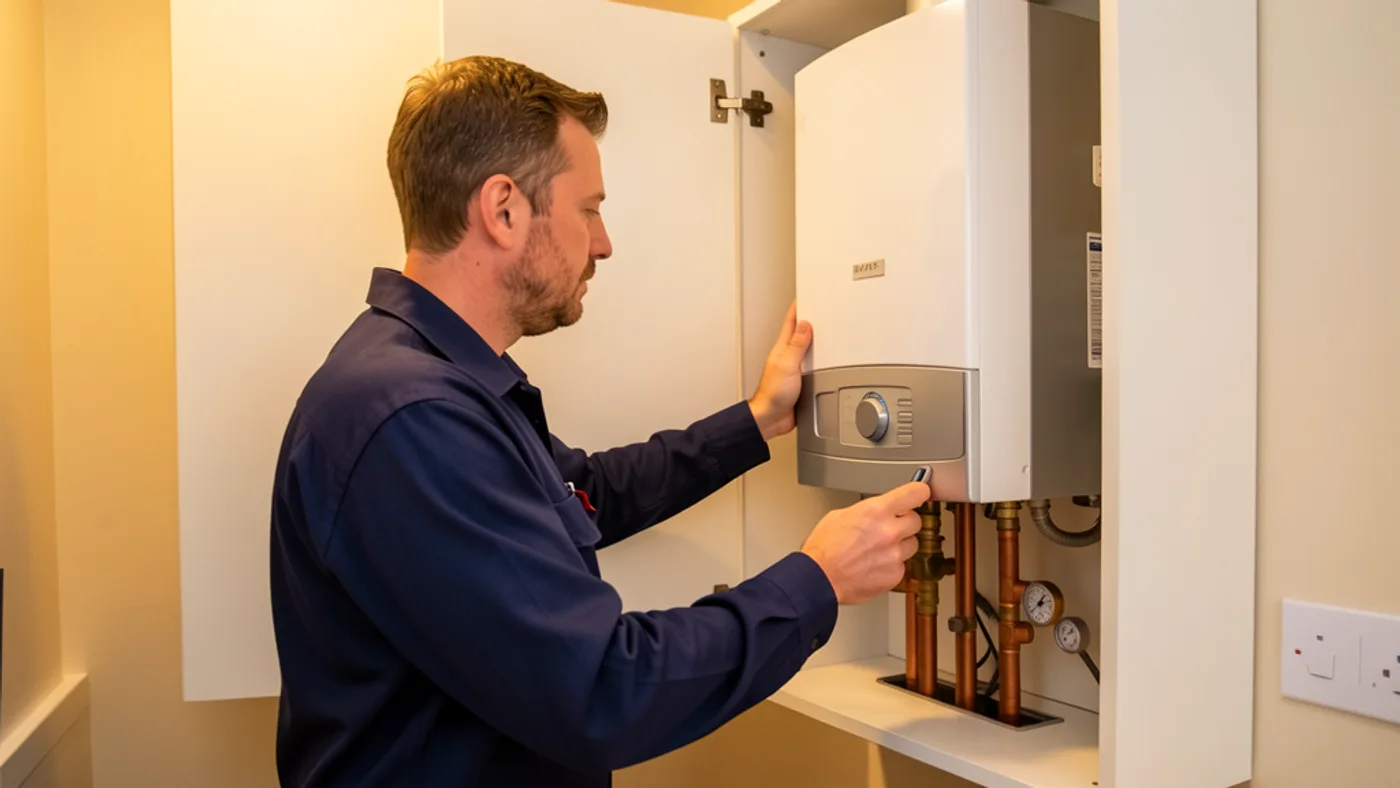 Heating engineer inspecting a modern domestic boiler and pipework