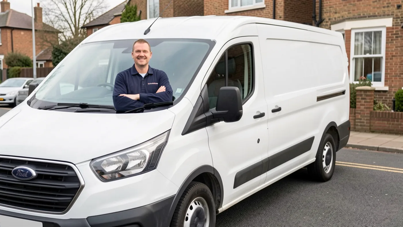 Friendly local plumber beside a clean unbranded service van