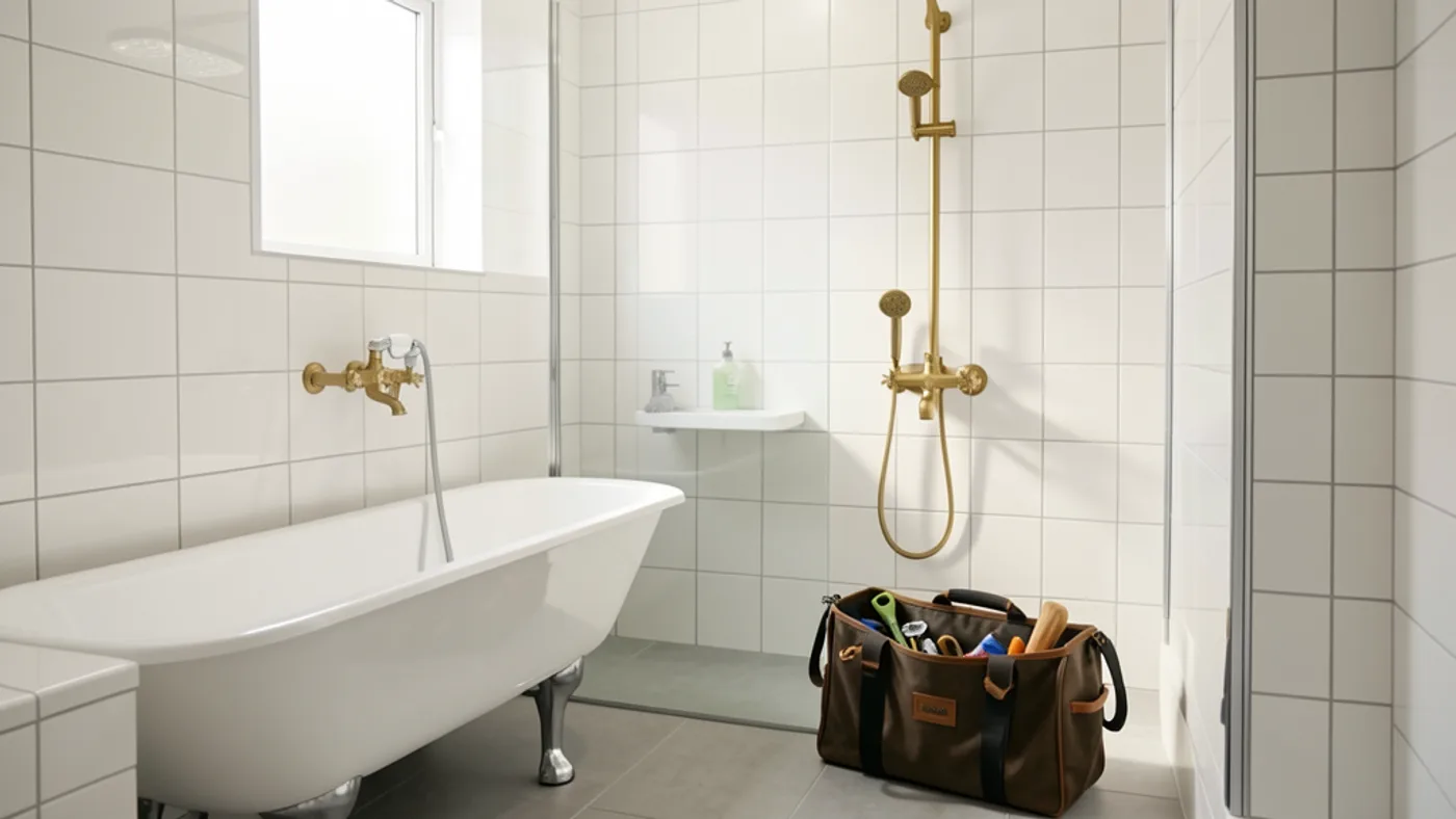Premium bathroom plumbing scene with modern fixtures and tidy tools