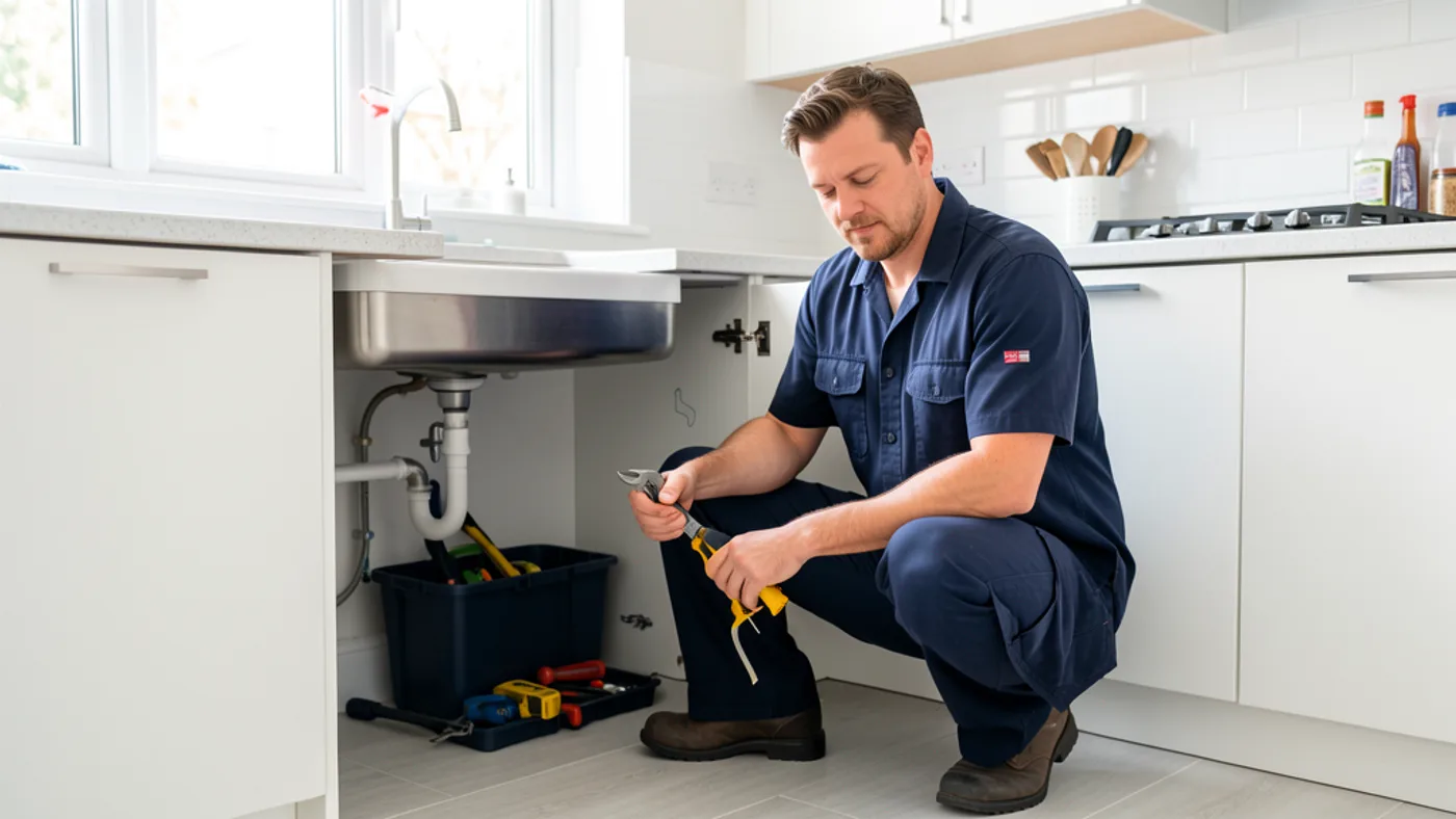 Professional plumber working neatly under a modern kitchen sink